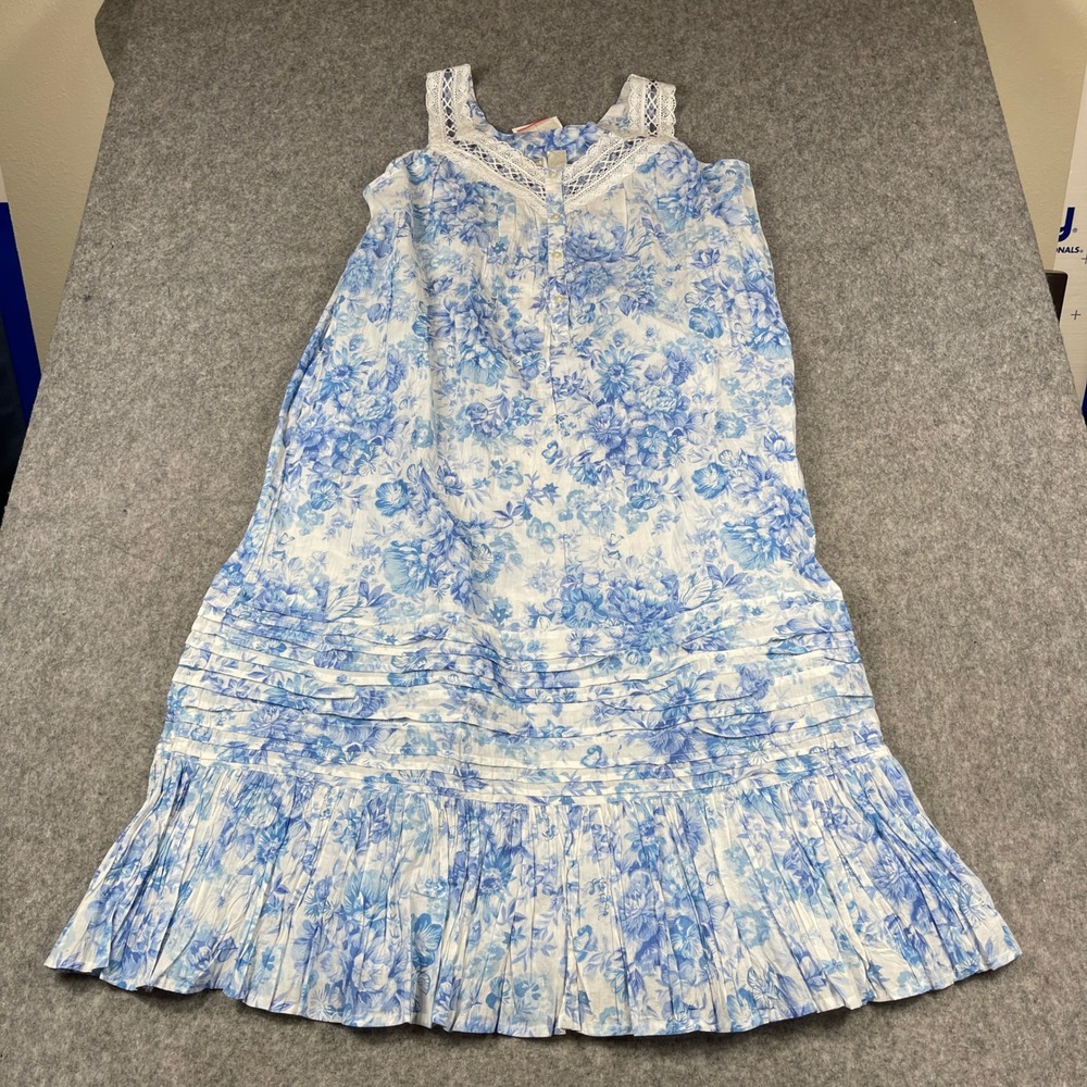 Soft Surroundings Blue Floral Crinkle Lace Trim Nightgown Dress Cottage L Petite